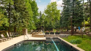 Une piscine bordée de pierres, entourée d’arbres et d’un mur de pierres.