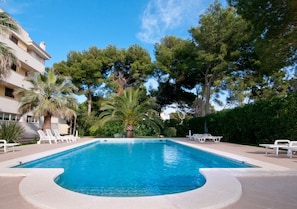 Une piscine entourée d’arbres et d’un bâtiment, avec des chaises longues à proximité.