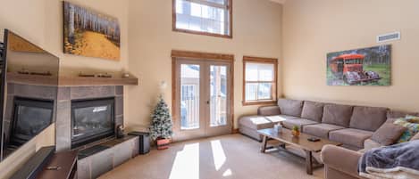 Televisie, een open haard, een dvd-speler en boeken