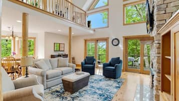 TV, fireplace, books