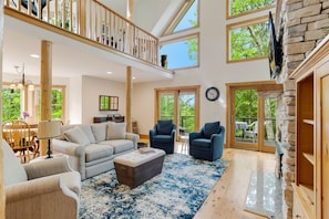 Smart TV, fireplace, books