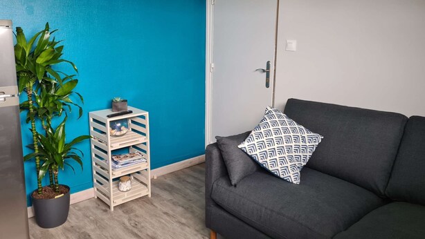 A living room with a dark grey sofa, a patterned pillow, a small wooden side table with a remote control, a potted plant, and a blue wall.