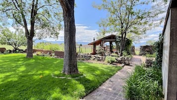 A well-maintained garden with a stone pathway, a wooden pergola, and a stone wall.