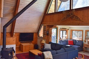 Smart TV, fireplace, books, stereo