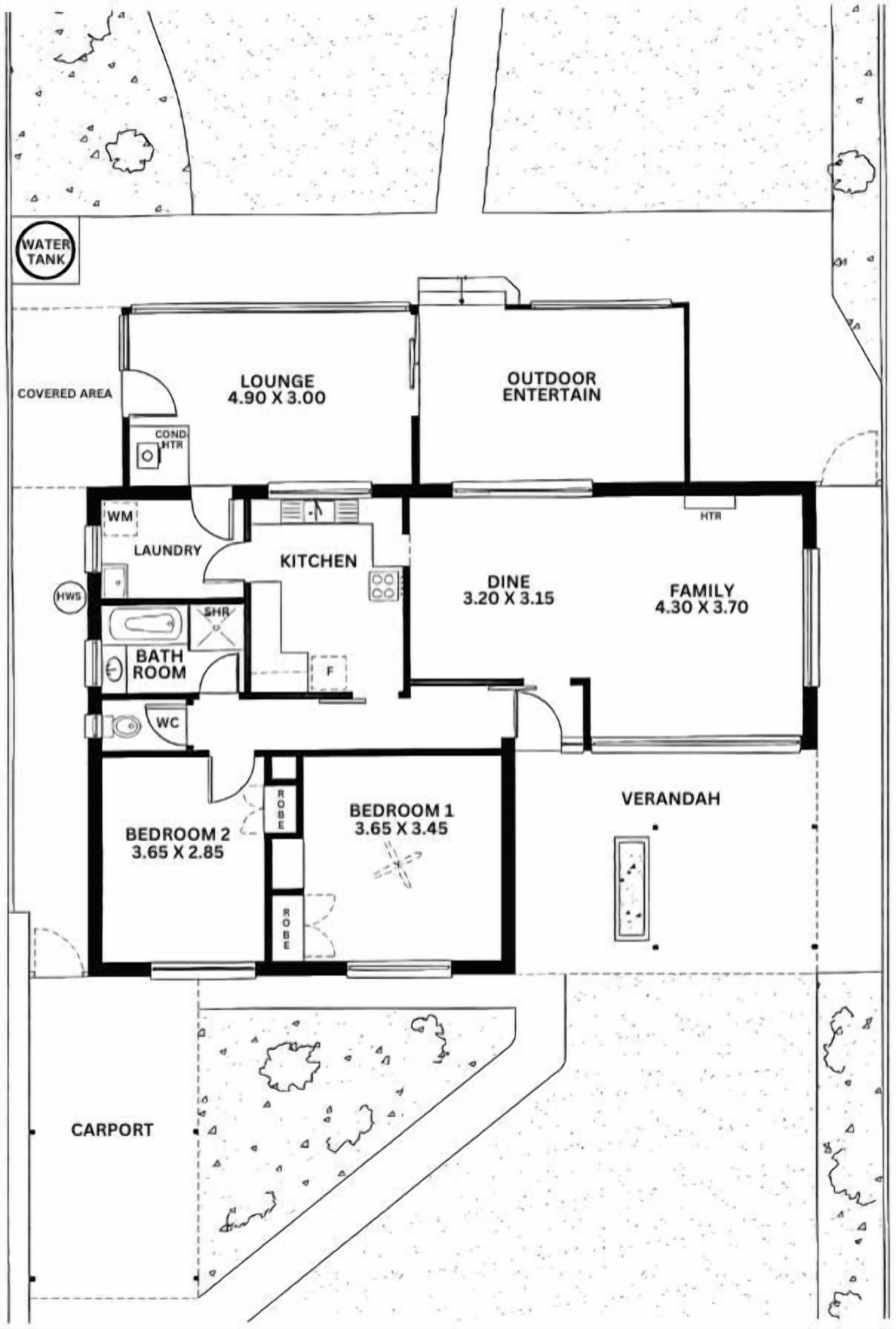 A floor plan of a hotel with a covered area, lounge, outdoor entertainment, kitchen, dining, family room, bathrooms, bedrooms, and a veranda.