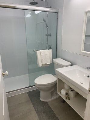Douche, sèche-cheveux, serviettes fournies, savon