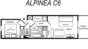 A floor plan of a hotel named ALPINEA C6, featuring a living room, WC, bathroom, kitchen, balcony, and TV. - Charming renovated apartment, ski-in/ski-out, for 5 people (Méribel)