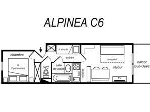 Pianta dei piani dell'hotel ALPINEA C6, che mostra un soggiorno, un bagno di servizio, un bagno, una cucina, un balcone e una TV.