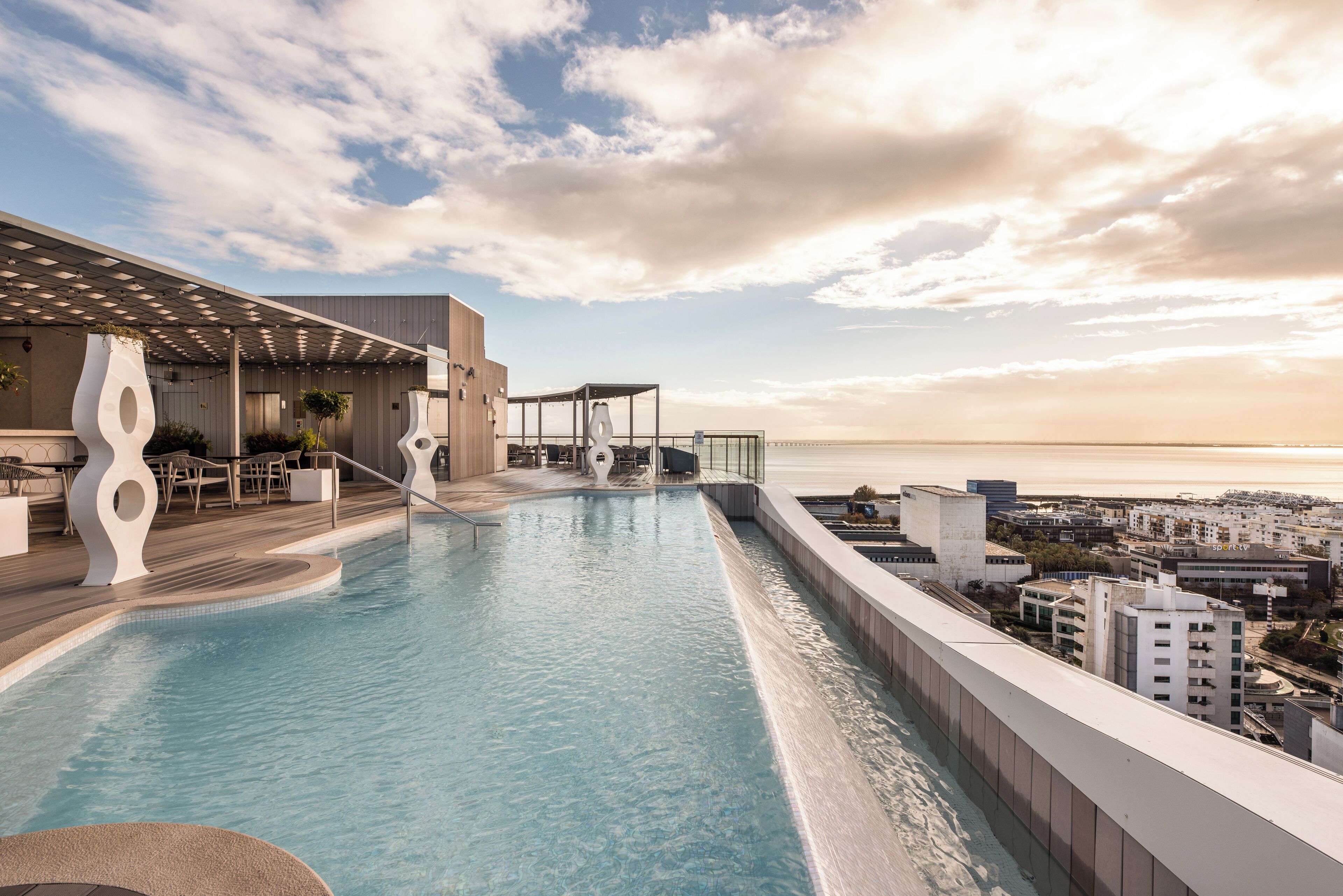 outdoor pool, pool loungers