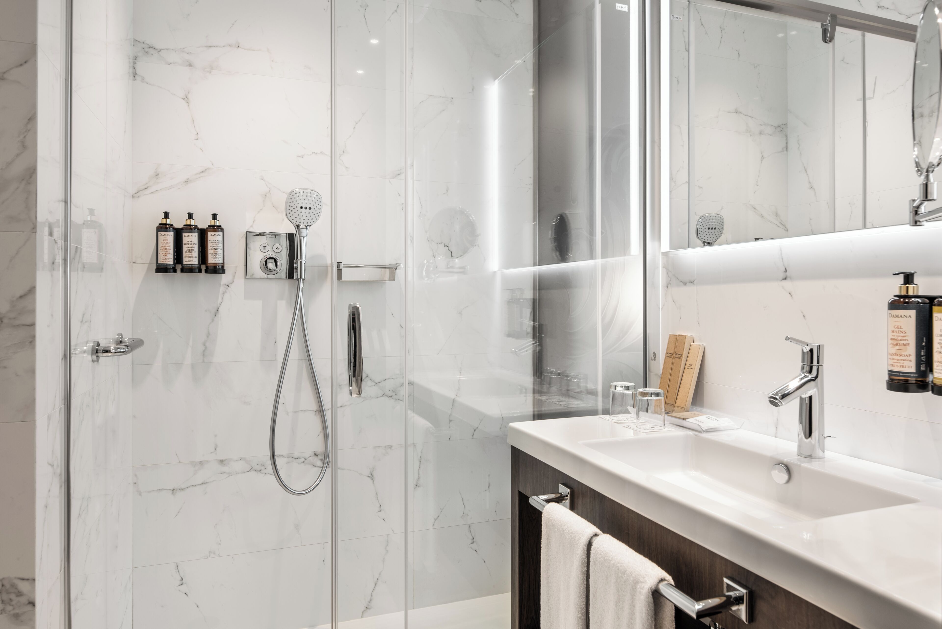 shower, eco-friendly toiletries, hair dryer, bathrobes