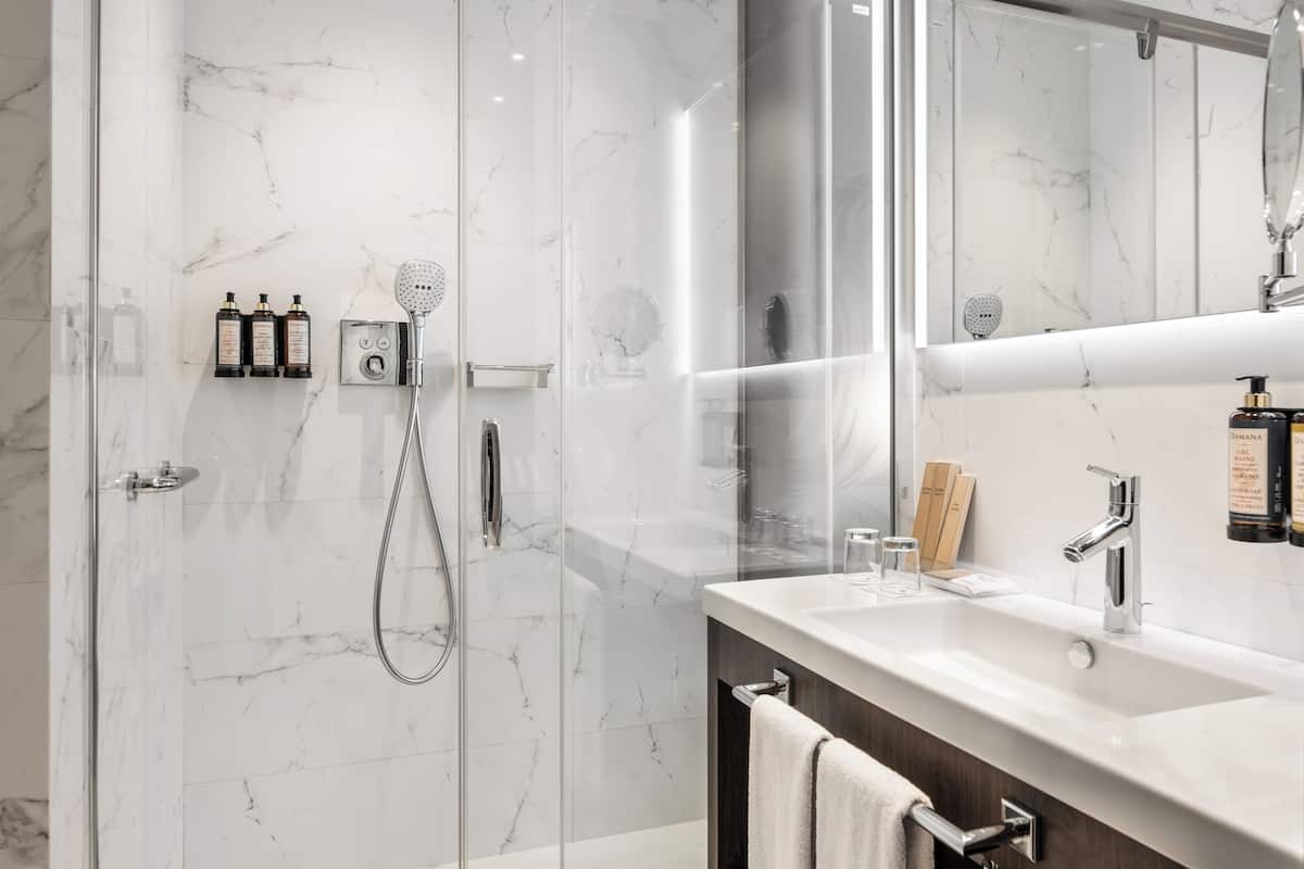 shower, eco-friendly toiletries, hair dryer, bathrobes