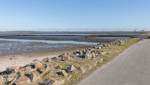 Een kustweg met een rotsachtige kustlijn en een pier die het water in reikt.