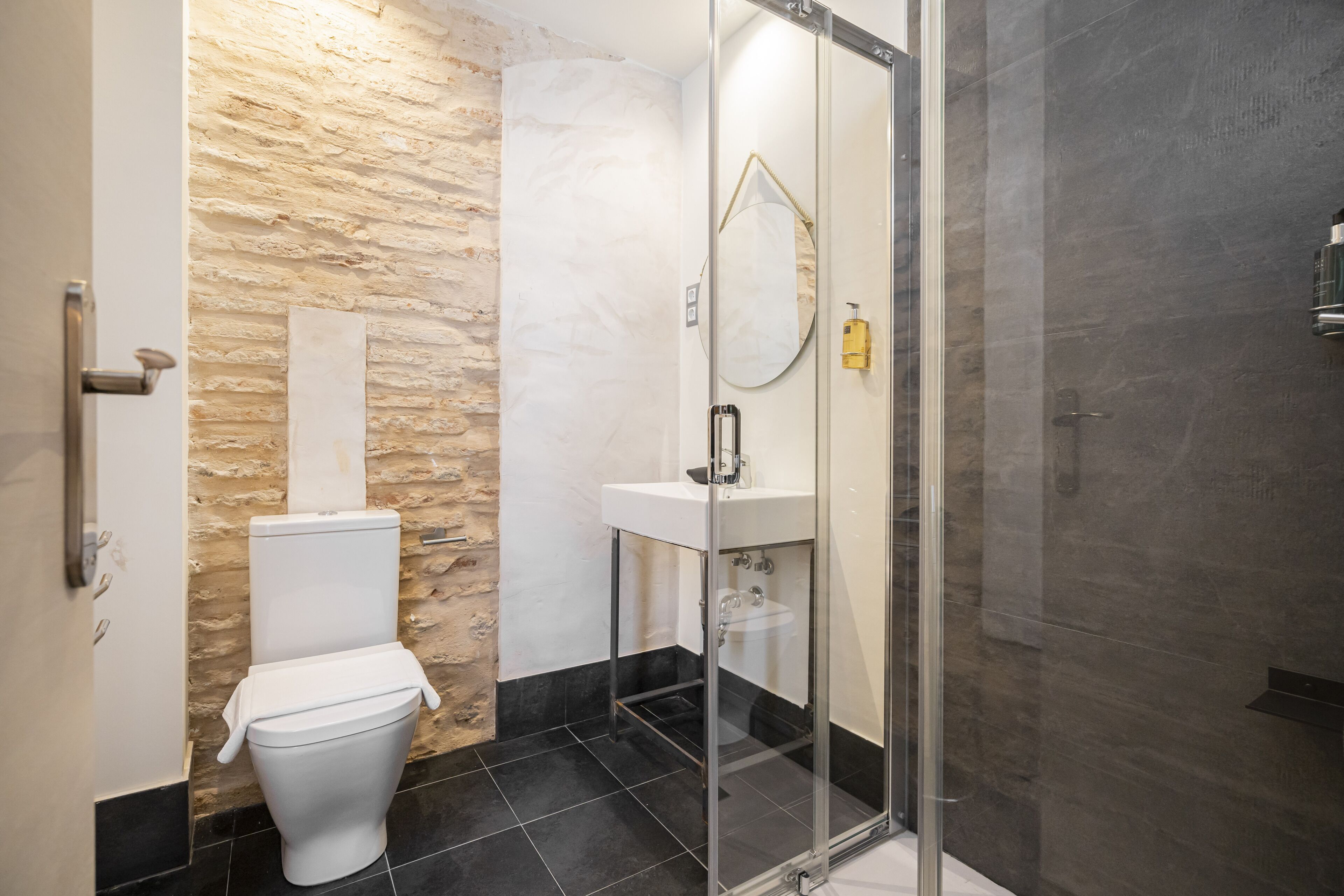 classic room | bathroom | shower, hair dryer, towels, soap