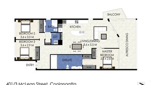 A floor plan of a 401/3 McLean Street Coolangatta apartment with three bedrooms, a living/dining area, a kitchen, an ensuite bathroom, and a balcony.