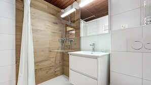 A modern bathroom with a shower, a sink, and a mirror. - Living room with fireplace and eating corner,, kitchen with 3 hotplates and dishwasher, one bedroom (Verbier)