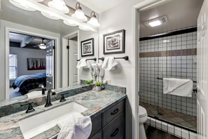 Combined shower/bathtub, hair dryer, towels