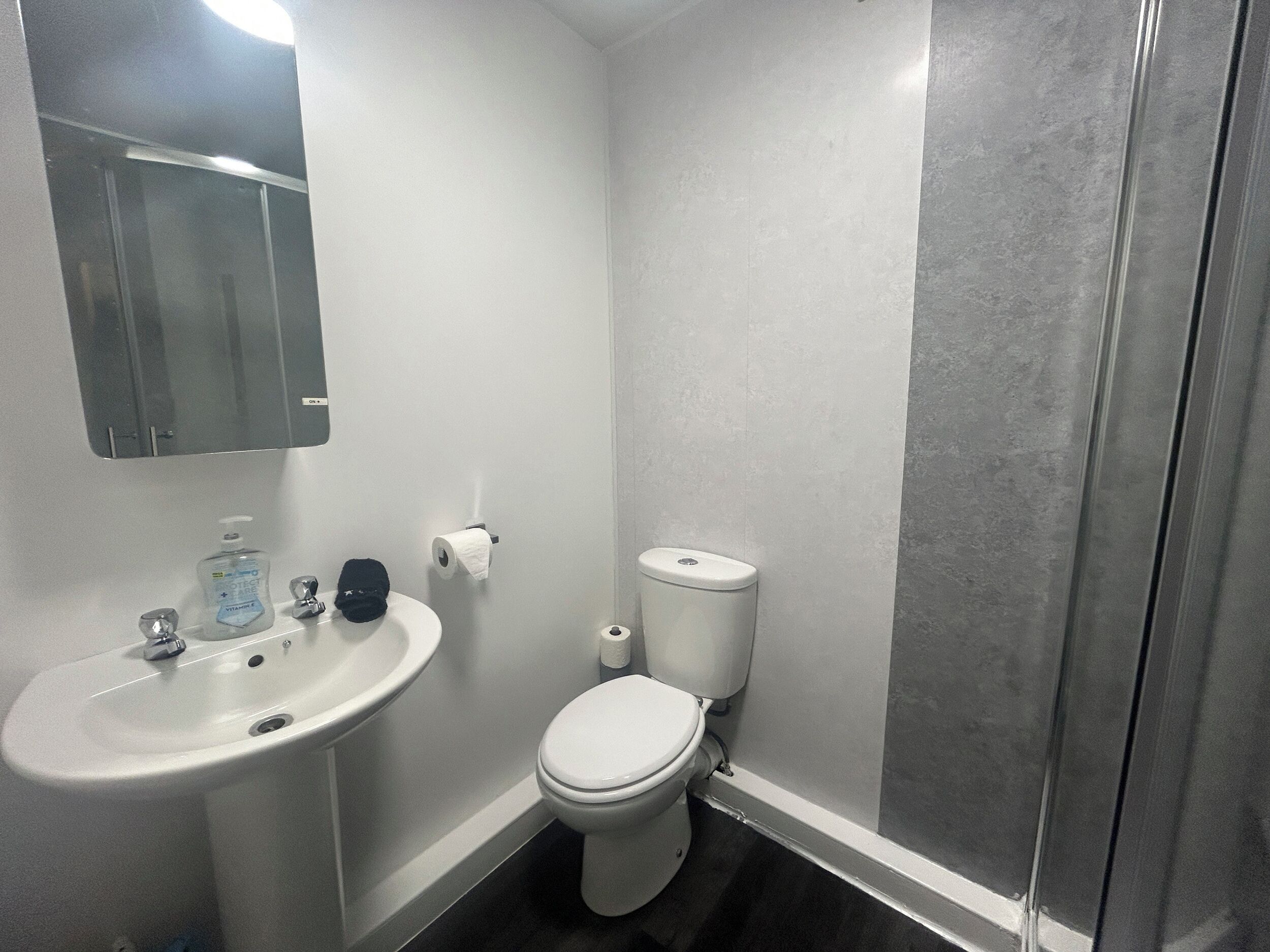 A small bathroom with a sink, toilet, and a mirror.