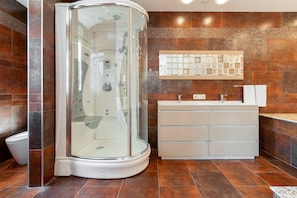 Premium studio suite | Badkamer | Een douche, een hydromassagedouche, gratis toiletartikelen