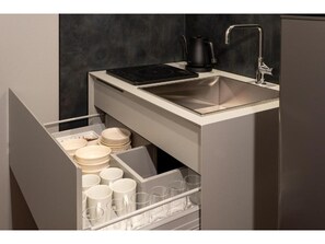 Fridge, microwave, stovetop, cookware/dishes/utensils