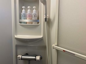 Hair dryer, towels, soap, shampoo