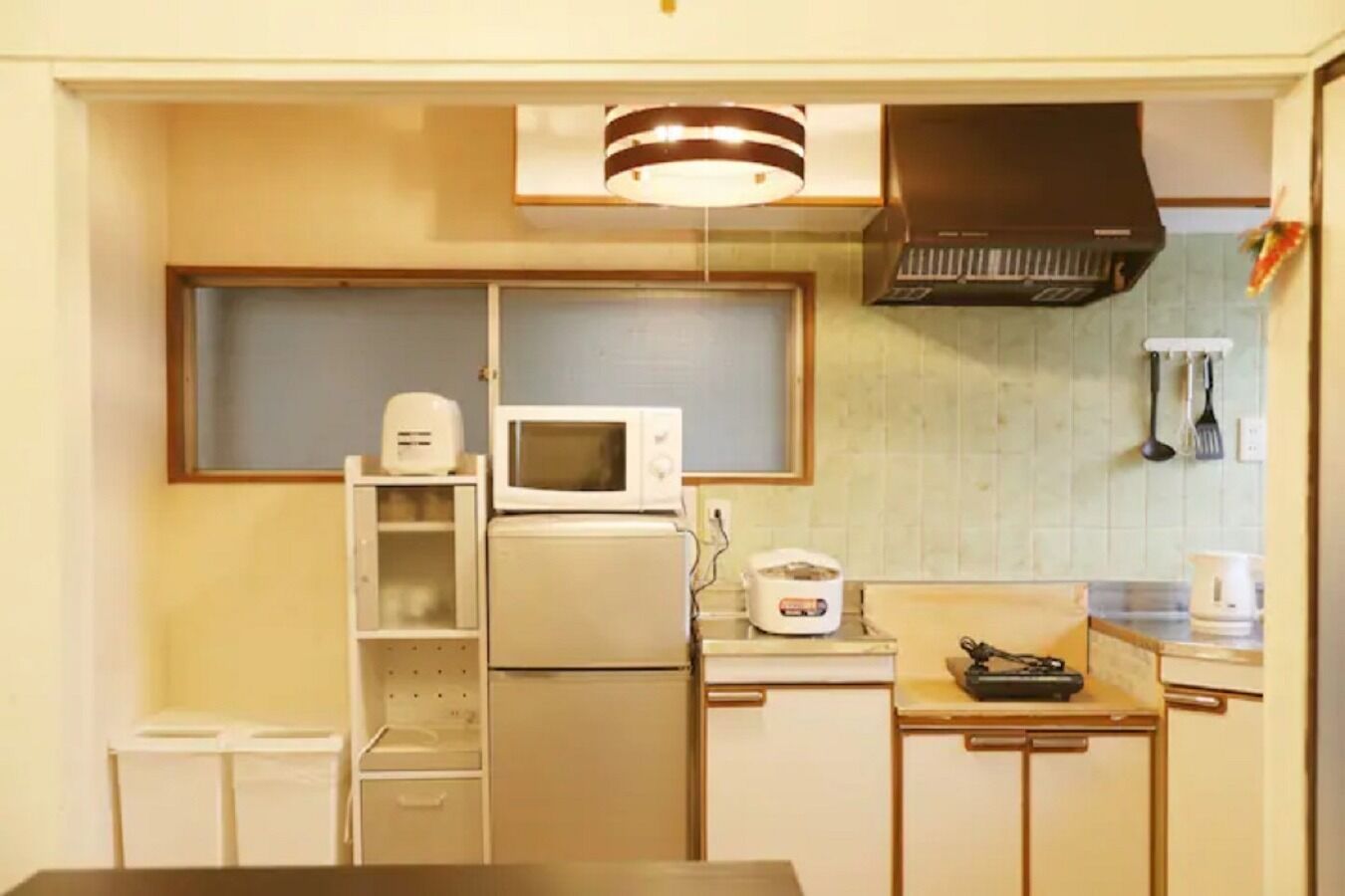 Fridge, microwave, stovetop, cookware/dishes/utensils