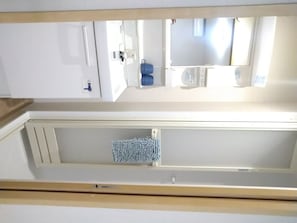 Fridge, microwave, cookware/dishes/utensils