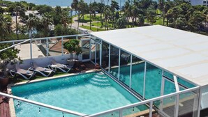 Une piscine sur le toit offrant une vue dégagée sur l’océan et les palmiers.