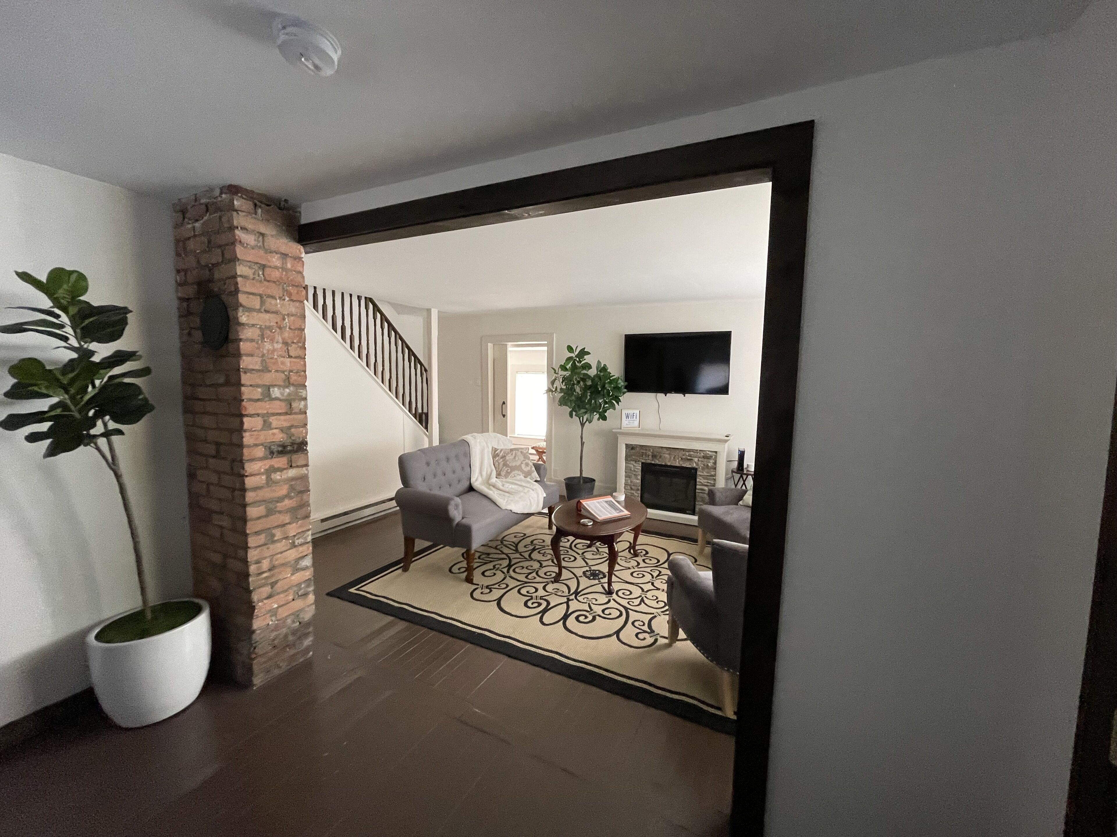 Smart TV, fireplace, books