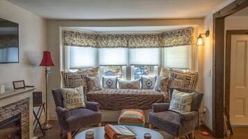 Smart TV, fireplace, books