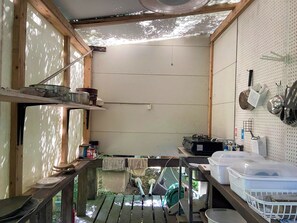 Fridge, stovetop, cookware/dishes/utensils