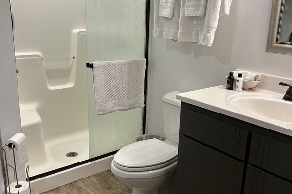 Dusche, Haartrockner, Handtücher, Seife