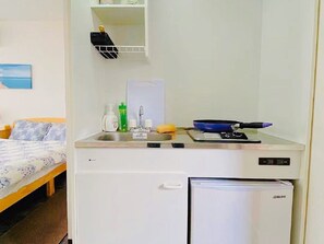 Fridge, stovetop, cookware/dishes/utensils