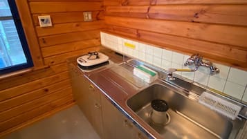 Fridge, microwave, cookware/dishes/utensils