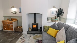 A cozy living room with a fireplace, a sofa with cushions, a wooden chest of drawers, and a patterned rug. - Y Bwthyn (Conwy)