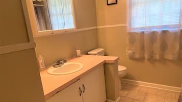 Combined shower/tub, hair dryer, towels, soap