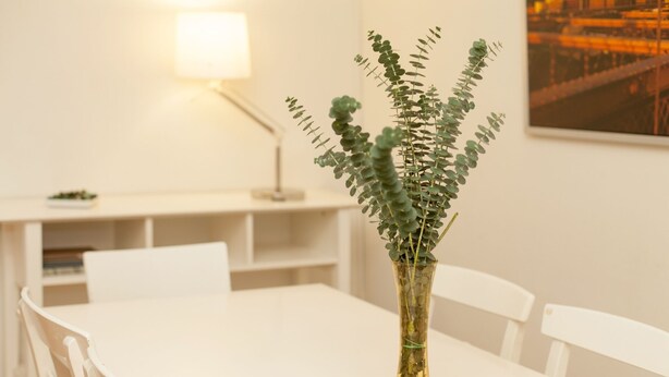 A white table with a glass vase containing green foliage. - Apartment SF C - 3 bedrooms 5 pax - 300 meters from Sagrada Familia - FREE WIFI (Barcelona)