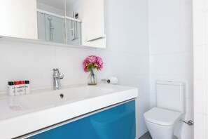 Hair dryer, towels, soap, shampoo