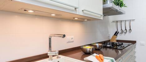 Une cuisine moderne équipée d’un évier en acier inoxydable, d’une cuisinière à gaz et de divers ustensiles de cuisine.