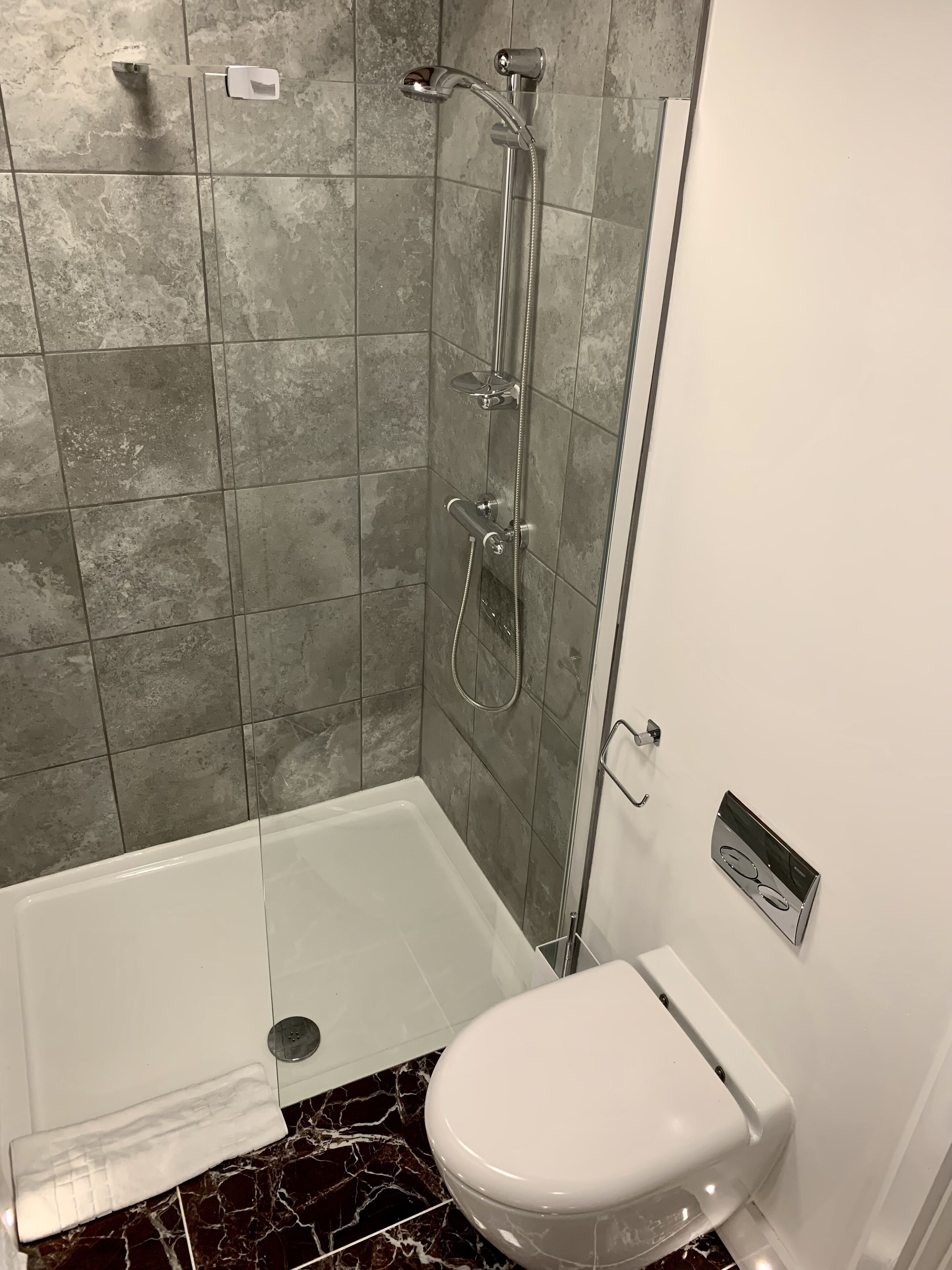 A shower with a handheld showerhead and a handheld shower attachment, a toilet, and a marble-tiled floor.
