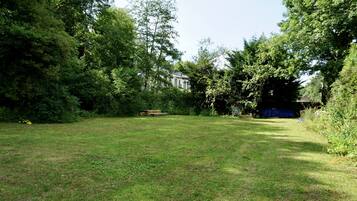 A grassy outdoor area with trees and a building in the background.