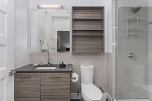 Combined shower/bathtub, hair dryer, towels
