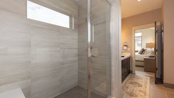 Combined shower/tub, hair dryer, towels, soap