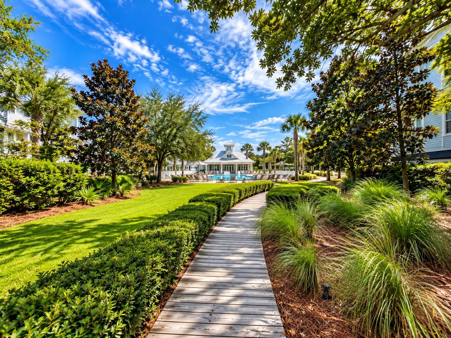 A well-maintained pathway leading to a building with a pool, surrounded by manicured lawns and various trees.