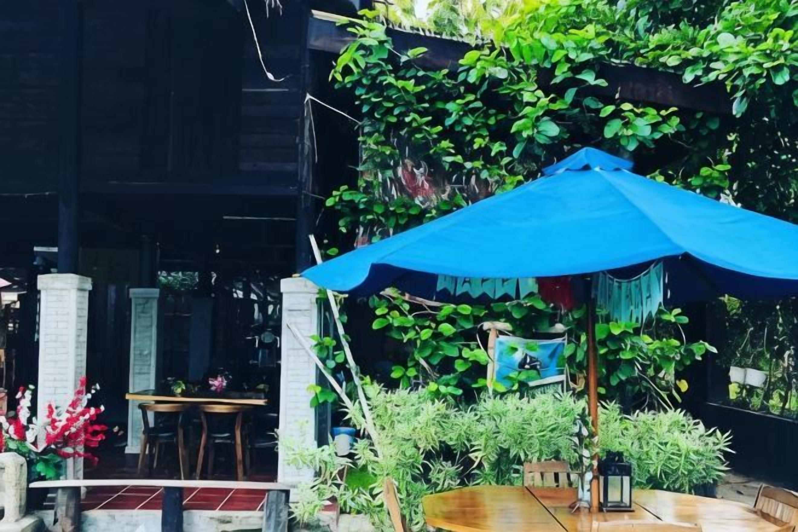 An outdoor seating area with a blue canopy, surrounded by lush greenery and a wooden table.