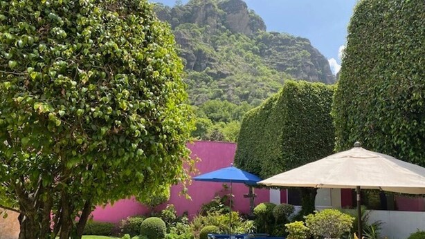 A pool area with a clear view of a mountain in the background, surrounded by well-maintained greenery and a building with a purple facade. - Finca El Paraiso  (Tepoztlán)