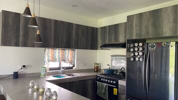 Fridge, oven, stovetop, coffee/tea maker