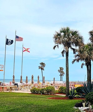 Outdoor dining - Ocean View with Balcony and Heated Pool On The Beach! (Daytona Beach)