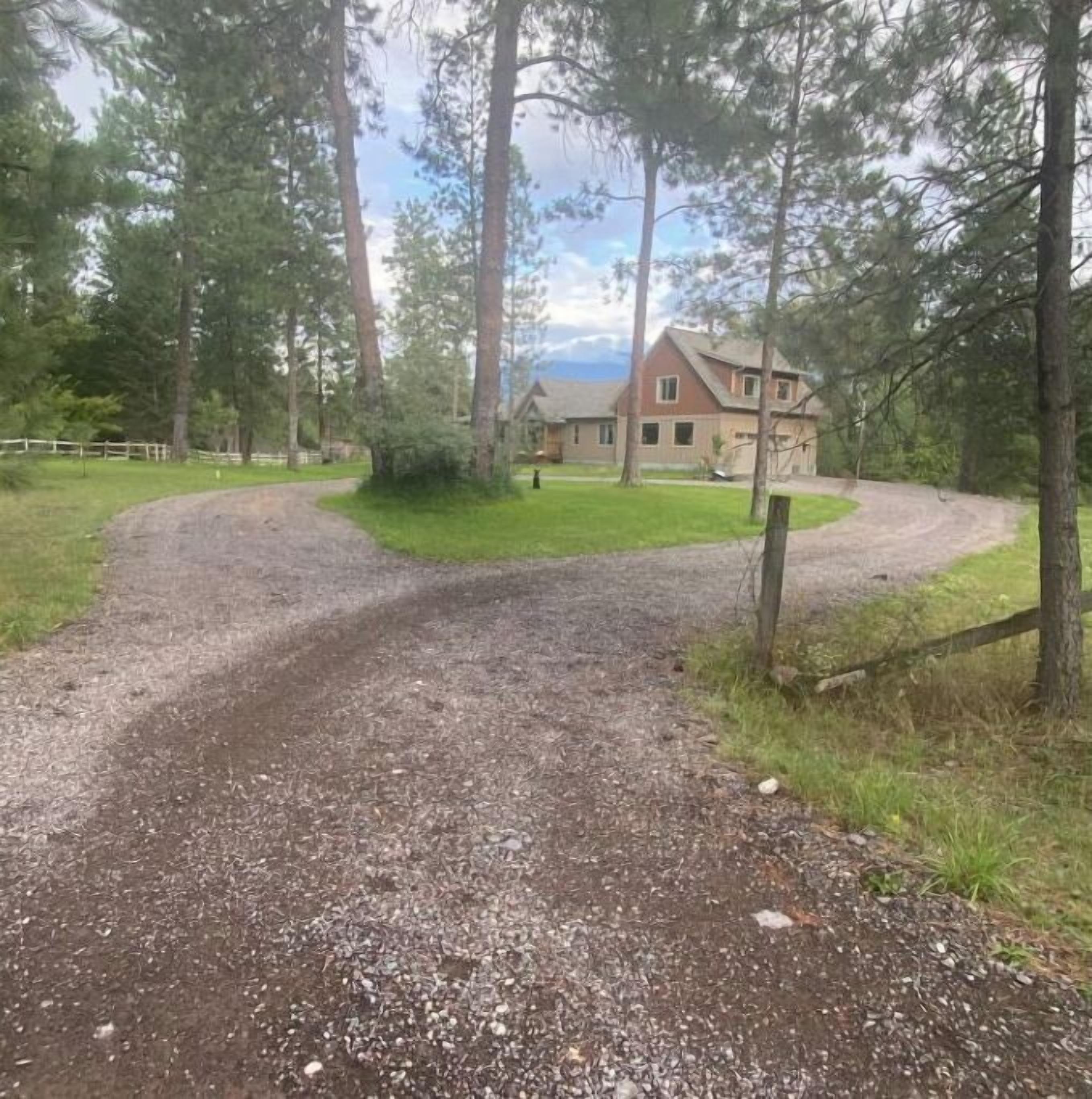 A gravel driveway leading to a house surrounded by trees.
