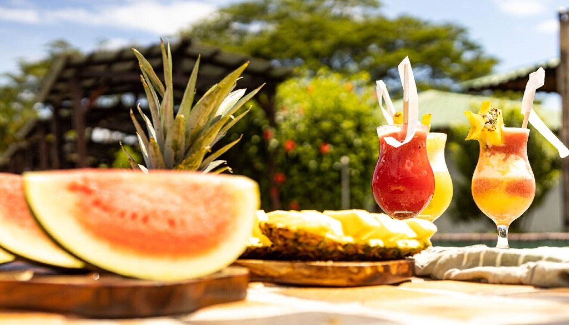 A tropical outdoor setting with a wooden table featuring a watermelon slice, pineapple, and two drinks in glasses.
