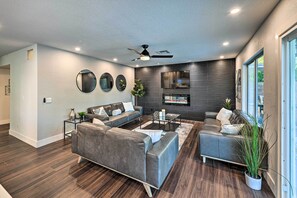 TV, fireplace, table football